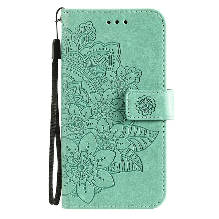 PU Leather Imprint Flowers Pattern Wallet Phone Case with Lanyard for Xiaomi Mi 11 Lite 4G / 5G /11 Lite 5G NE - Green