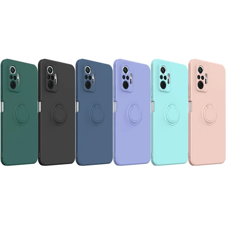 Flexible Liquid Silicone Phone Protective Case Shell with Ring Kickstand and Strap for Xiaomi Redmi Note 10 Pro 4G - Baby Blue