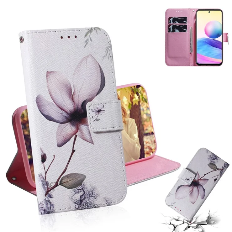 Cute Pattern Printing Premium PU Leather Wallet Phone Case Flip Cover for Xiaomi Redmi Note 10 5G / Poco M3 Pro 5G / 4G - Magnolia Flower