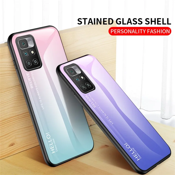 Gradient Tempered Glass + TPU Frame Slim Light Protective Hybrid Cover Case for Xiaomi Redmi 10 4G (2021)/10 2022 4G/Note 11 4G (MediaTek) - Gradient Pink Blue