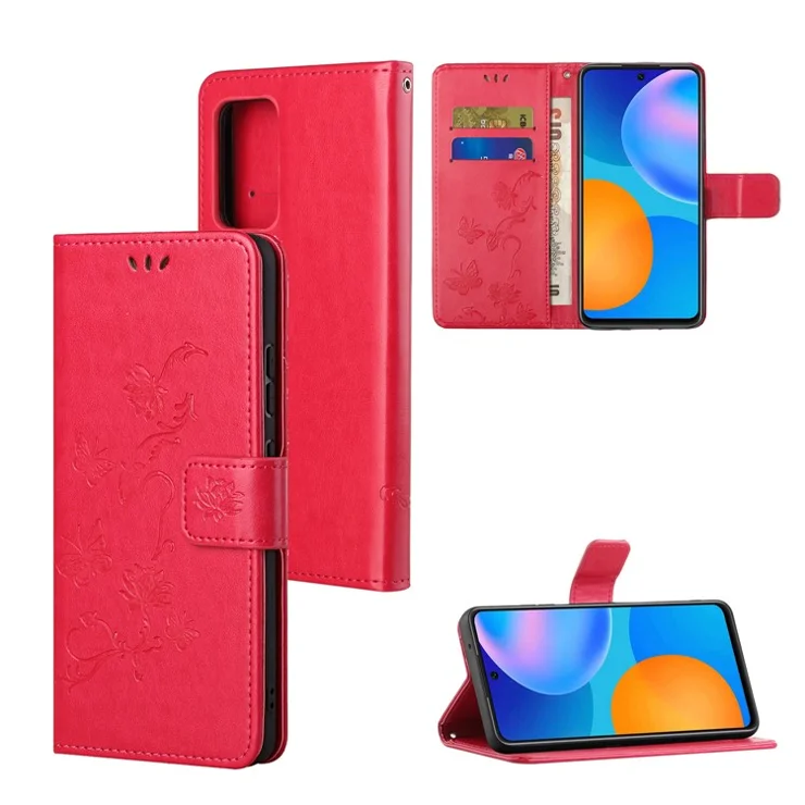 Adjustable Stand Design Butterfly Flowers Imprinting Anti-Scratch Stylish Leather Phone Wallet Cover for Xiaomi Redmi 10 4G (2021)/10 Prime/10 2022 4G/Note 11 4G (MediaTek) - Red