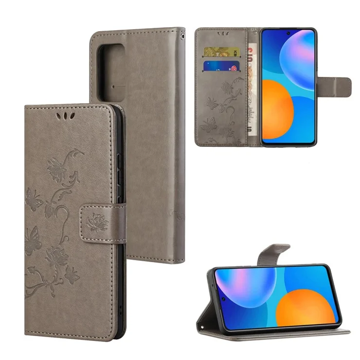 Adjustable Stand Design Butterfly Flowers Imprinting Anti-Scratch Stylish Leather Phone Wallet Cover for Xiaomi Redmi 10 4G (2021)/10 Prime/10 2022 4G/Note 11 4G (MediaTek) - Grey