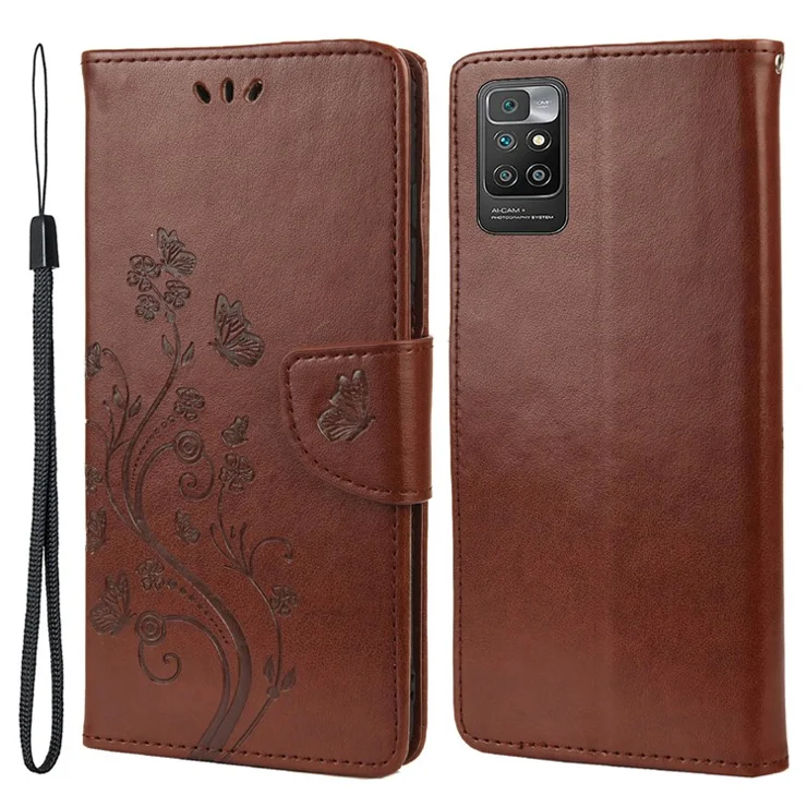 PU Leather Butterflies Pattern Imprint Wallet Design Phone Case for Xiaomi Redmi Note 11 4G (MediaTek)/Redmi 10 4G (2021)/Redmi 10 2022 4G/Redmi 10 Prime - Brown