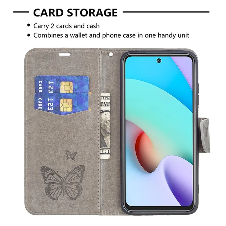 For Xiaomi Redmi 10 4G (2021)/Redmi 10 Prime/Redmi 10 2022 4G/Redmi Note 11 4G (MediaTek) Imprint Butterflies Full Protection Stand Wallet Design Leather Case Phone Shell - Grey