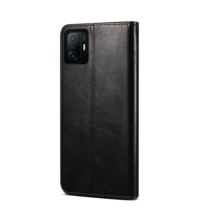 Waxy Crazy Horse Texture Well-Protected Stylish Wallet Stand Design Magnetic Auto-absorbed PU Leather Phone Case for Xiaomi 11T Pro - Black