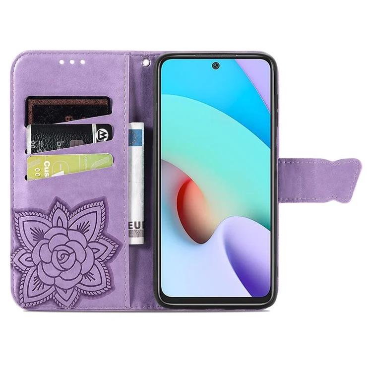 Imprinting Butterfly Flower Leather Phone Wallet Case Flip Cover Shell for Xiaomi Redmi 10 4G (2021)/Redmi 10 2022 4G/Redmi Note 11 4G (MediaTek)/Redmi 10 Prime - Light Purple