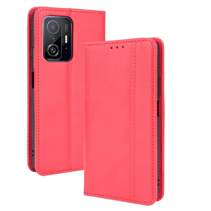 Retro Textured Surface Phone Leather Case Shockproof Leather Phone Wallet Stand Cover for Xiaomi 11T Pro / Xiaomi 11T - Red