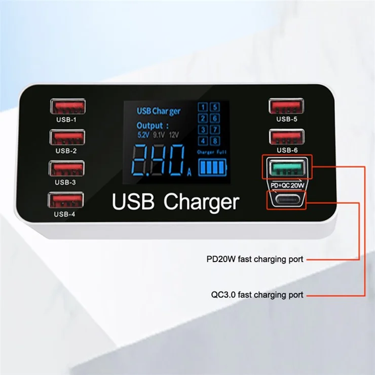 A9+ 8-Port USB+Type C 40W Quick Charge Adapter with LCD Display QC 3.0 Wall Charger - EU Plug