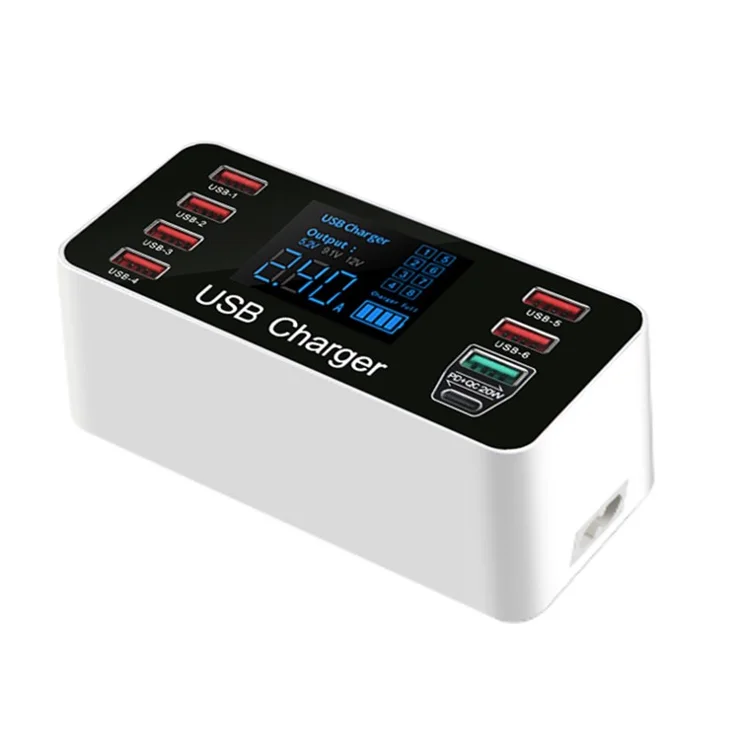 A9+ 8-Port USB+Type C 40W Quick Charge Adapter with LCD Display QC 3.0 Wall Charger - UK Plug