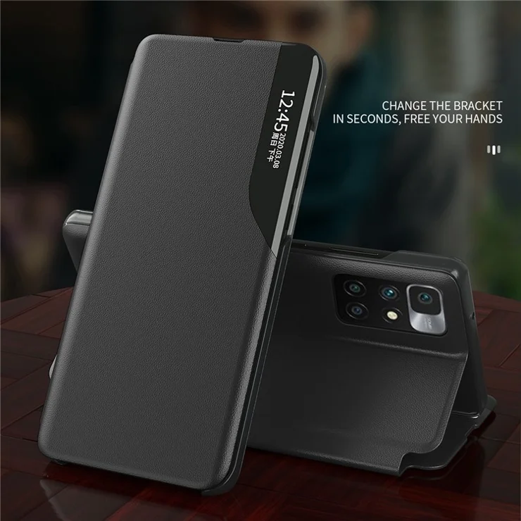 View Window Stand Design Leather Case Phone Cover for Xiaomi Redmi 10 4G (2021)/Redmi 10 2022 4G/Redmi Note 11 4G (MediaTek)/Redmi 10 Prime - Red