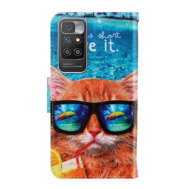 Pattern Printing PU Leather Magnetic Clasp Flip Folio Phone Guard Protective Wallet Stand Cover for Xiaomi Redmi 10 4G (2021)/Redmi 10 2022 4G/Redmi Note 11 4G (MediaTek)/Redmi 10 Prime - Cat Wearing Sunglasses