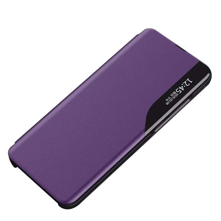 Litchi Texture Leather Phone Stand Case Folio Flip Cover with View Window for Xiaomi 11T/11T Pro - Purple