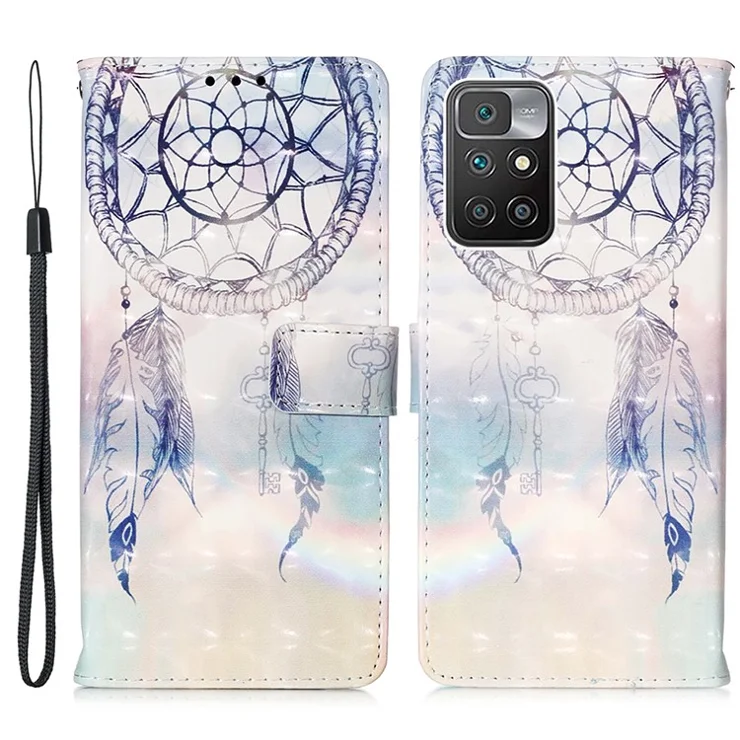 3D Pattern Printing Stand Wallet Design Phone Cover Shell with Strap for Xiaomi Redmi Note 11 4G (MediaTek)/10 4G (2021)/10 2022 4G/10 Prime - Dreamy Wind Chime