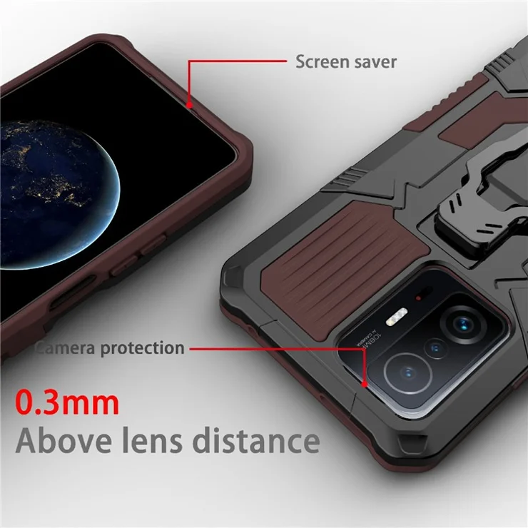 Back Clip Kickstand Design PC + TPU + Metal Hybrid Phone Protective Case Cover for Xiaomi 11T/11T Pro - Coffee