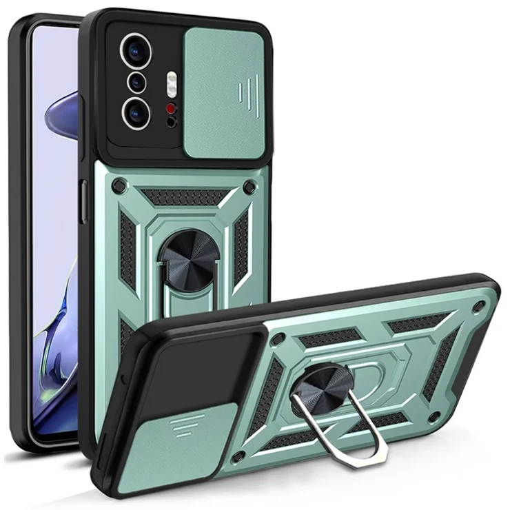 Camera Slide Cover Ring Holder Kickstand PC + TPU Phone Shell Case for Xiaomi 11T/11T Pro - Green
