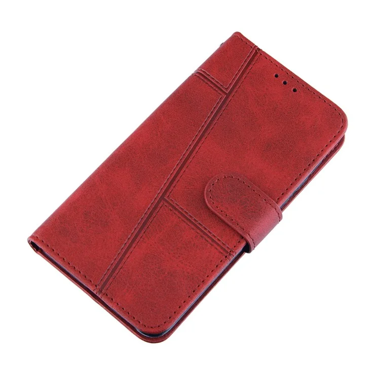 Imprinting Lines Stand Feature PU Leather Wallet Flip Protective Phone Case with Wrist Strap for Xiaomi 11T / 11T Pro - Red