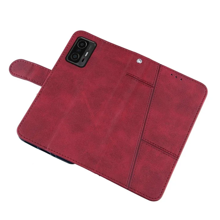 Imprinting Lines Stand Feature PU Leather Wallet Flip Protective Phone Case with Wrist Strap for Xiaomi 11T / 11T Pro - Red