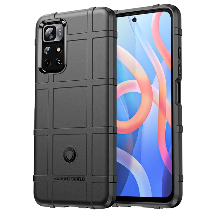 For Xiaomi Redmi Note 11 5G (China) (MediaTek)/Note 11T 5G/Note 11S 5G Stylish Rugged Square Grid Design Thickened TPU Shockproof Protective Back Cover - Black