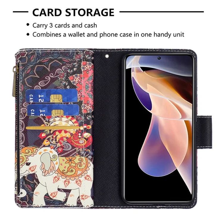 Pattern Printing PU Leather Zipper Wallet Case Stand Cover for Xiaomi Redmi Note 11 Pro 5G (China) (Mediatek) / Note 11 Pro+ 5G - Flower and Elephant