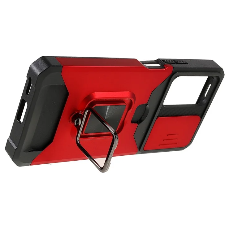 Camera Slider Anti-fall Protection PC + TPU Phone Case Card Slot and Kickstand Design Phone Cover for Xiaomi Redmi Note 11 Pro 5G (China) (MediaTek)/Note 11 Pro+ 5G - Red