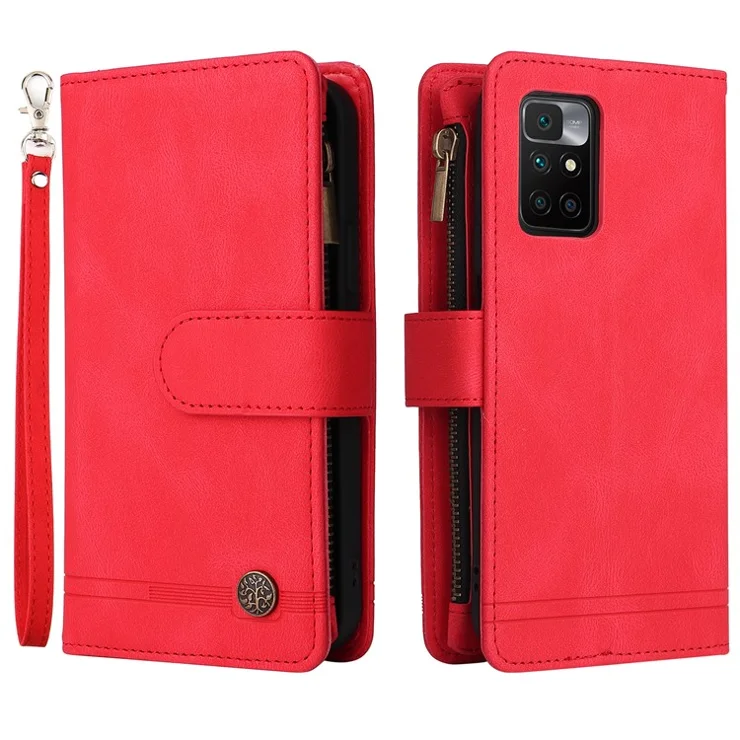 For Xiaomi Redmi Note 11 4G (MediaTek) / Redmi 10 4G (2021) / Redmi 10 2022 4G / 10 Prime PU Leather Phone Case Wallet Stand Protective Cover - Red