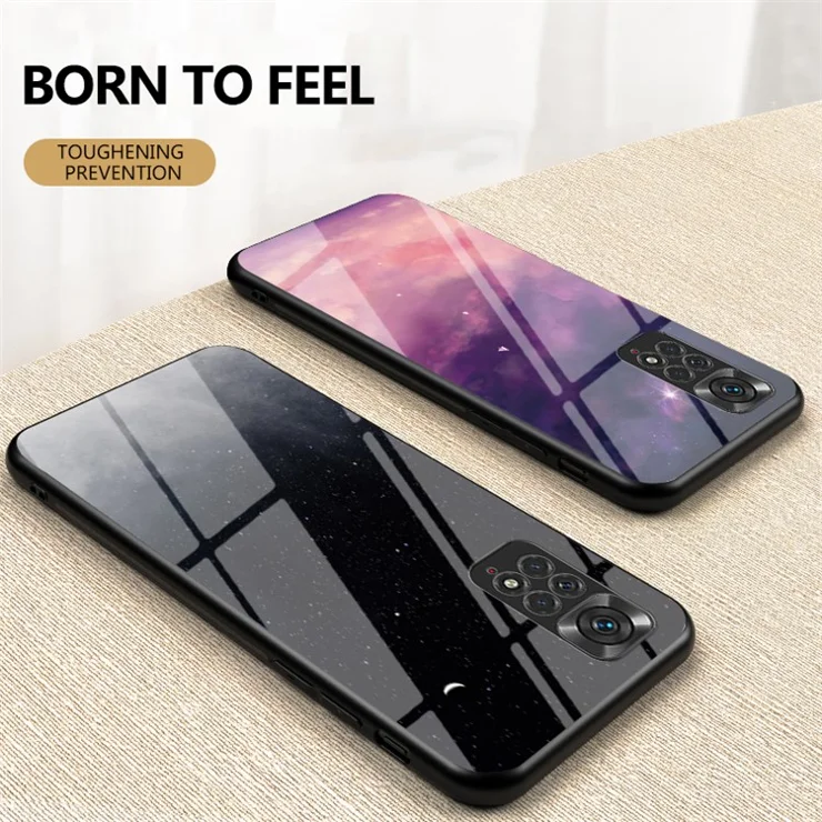 For Xiaomi Redmi Note 11 4G (Qualcomm)/Redmi Note 11S 4G Cell Phone Case Anti-scratch Hard Tempered Glass + PC Back Soft TPU Starry Sky Pattern Design Cover - Starry Crescent Moon