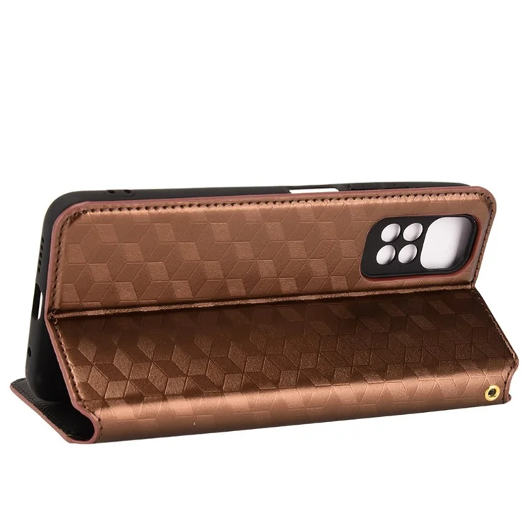 For Xiaomi Redmi Note 11 4G (Qualcomm) / Redmi Note 11S 4G Imprinted Rhombus Pattern Flip Wallet Case Magnetic Adsorption Stand Soft TPU Inner PU Leather Protective Phone Cover - Brown