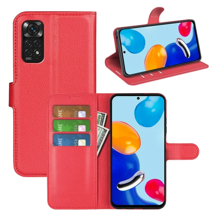 For Xiaomi Redmi Note 11 4G (Qualcomm) / Redmi Note 11S 4G Litchi Texture Folding Stand Phone Case PU Leather Magnetic Closure Wallet Flip Cover - Red