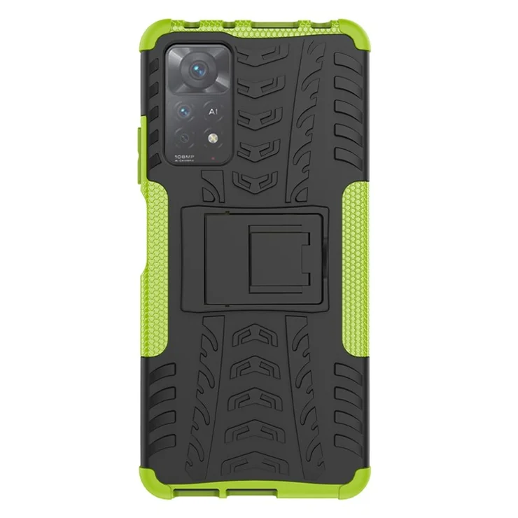 For Xiaomi Redmi Note 12 Pro 4G / 11 Pro 4G (MediaTek) / Note 11 Pro 5G (Qualcomm) PC + TPU Tire Pattern Hybrid Phone Case Anti-Scratch Anti-Slip Kickstand Cover - Green