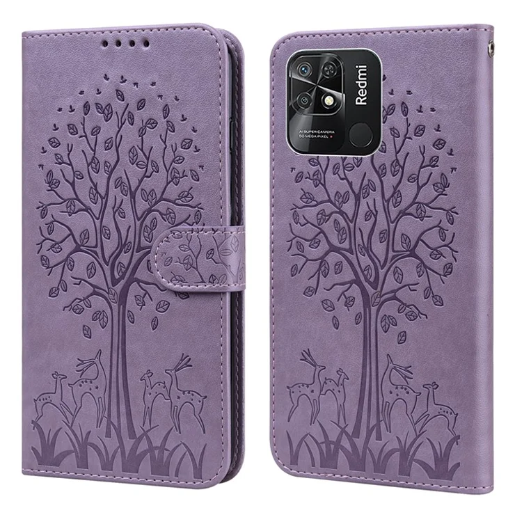 For Xiaomi Redmi 10C 4G Mobile Phone Case Imprinted Deer Tree Pattern Stand Wallet PU Leather Magnetic Shell Cover - Purple