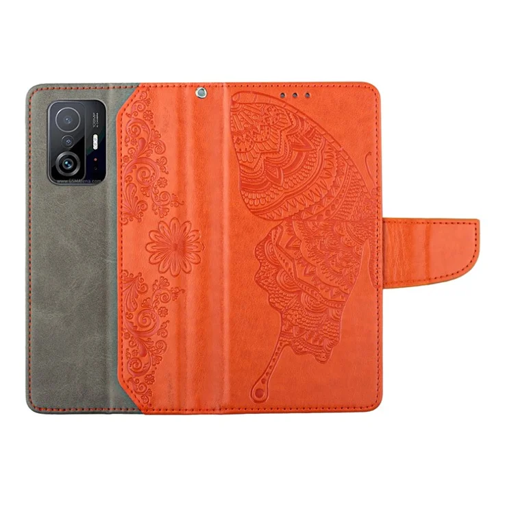 For Xiaomi 11T/11T Pro Butterfly Flower Imprinted Phone Case Magnetic Closure PU Leather Cover Wallet Stand Folio Phone Case with Strap - Orange