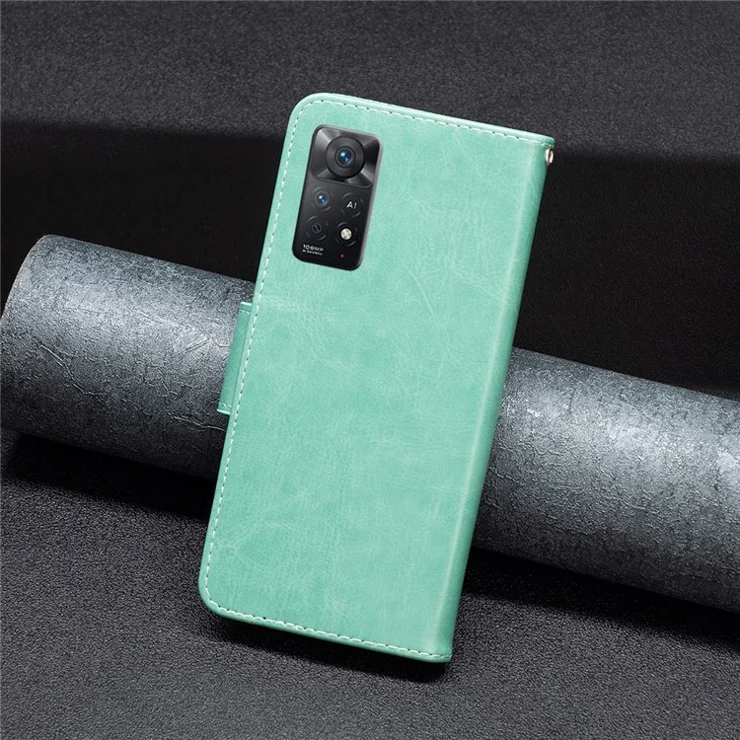 For Xiaomi Redmi Note 12 Pro 4G / 11 Pro 4G (Mediatek) / Note 11 Pro 5G (Qualcomm) Case Imprinted Butterflies Leather Cover with Strap - Green