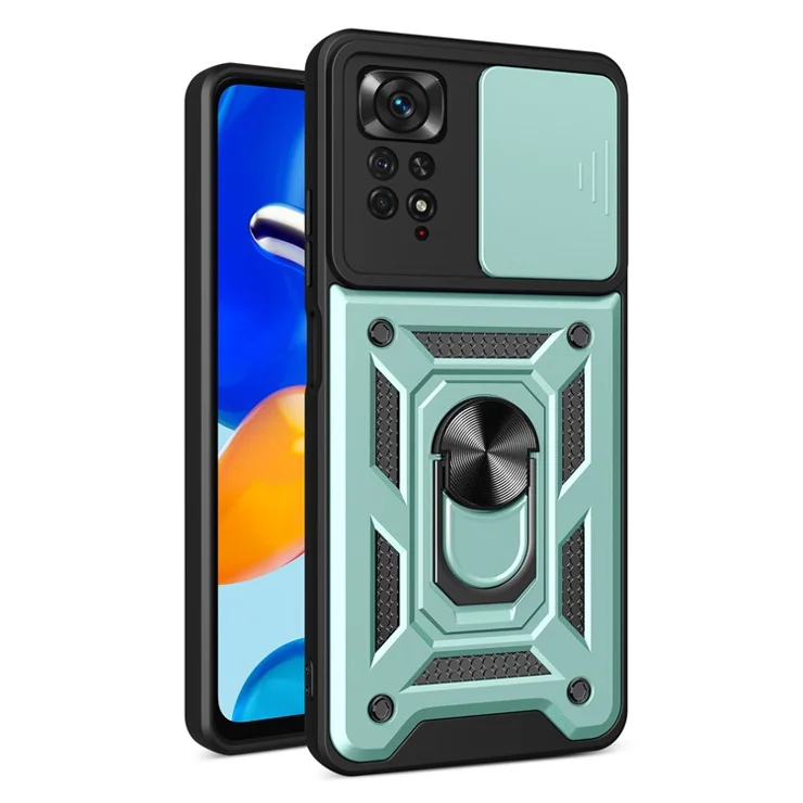 For Xiaomi Redmi Note 12 Pro 4G / 11 Pro 4G (MediaTek) / Note 11 Pro 5G (Qualcomm) PC + TPU Hybrid Slide Camera Cover Built-in Metal Sheet Mobile Phone Shell with Kickstand - Green