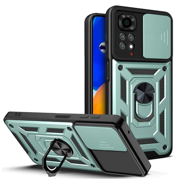 For Xiaomi Redmi Note 11S 4G Shockproof PC + TPU Hybrid Slide Camera Cover Feather Cell Phone Protector with Rotating Kickstand - Green