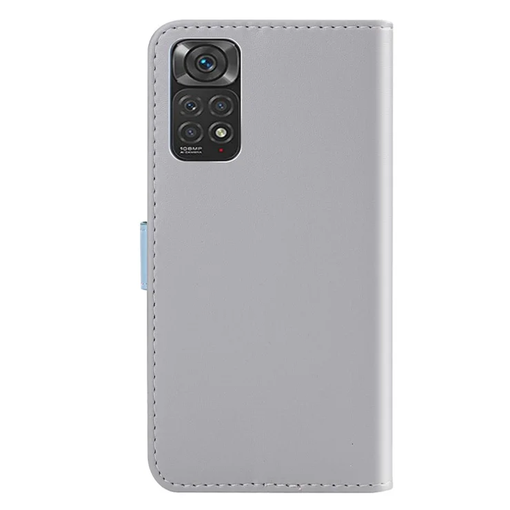Three-color Splicing Leather Cover for Xiaomi Redmi Note 11S 4G/Redmi Note 11 4G (Qualcomm), Wallet Stand Design - Grey/Blue/Pink