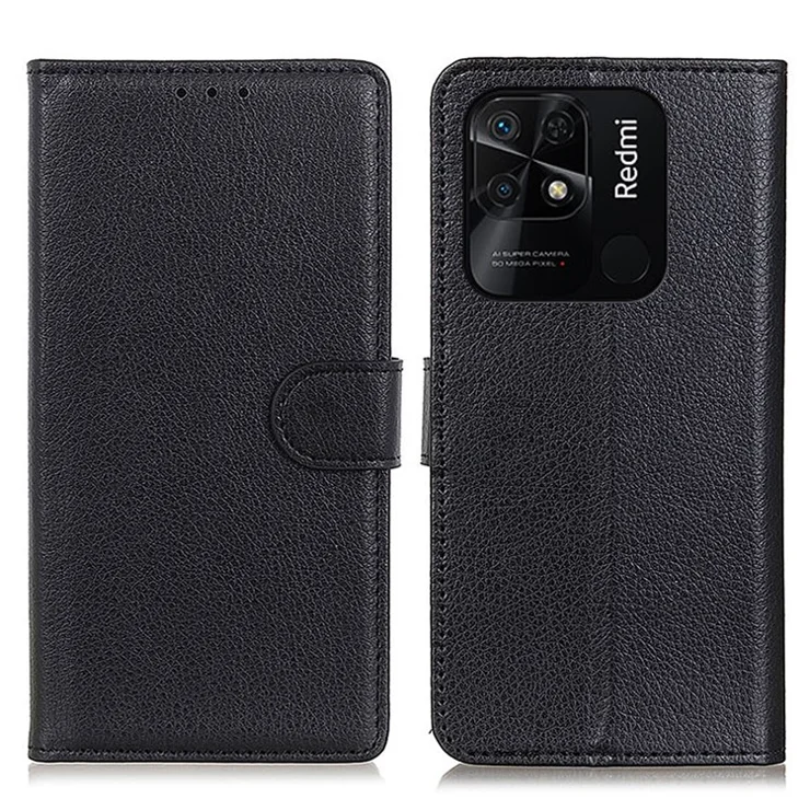 For Xiaomi Redmi 10C 4G Litchi Texture Stand PU Leather Phone Case Drop-Proof Wallet Cover - Black