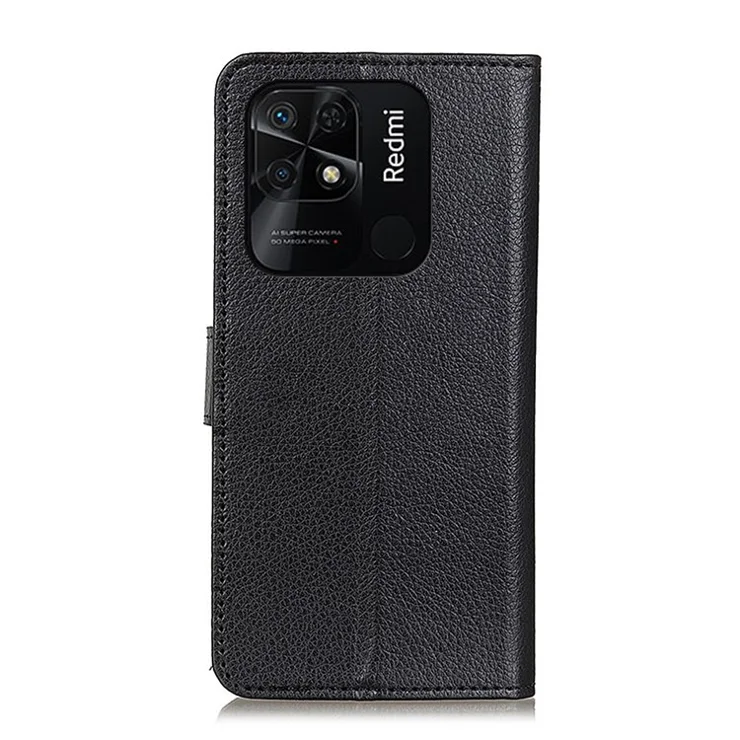 For Xiaomi Redmi 10C 4G Litchi Texture Stand PU Leather Phone Case Drop-Proof Wallet Cover - Black