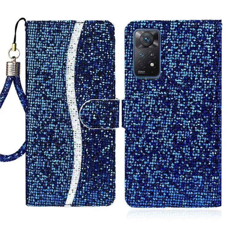 For Xiaomi Redmi Note 11 Pro 5G (Qualcomm)/Redmi Note 11 Pro 4G (MediaTek) Fashionable Glittery Sequins PU Leather Shockproof Cell Phone Case with Stand Wallet - Blue