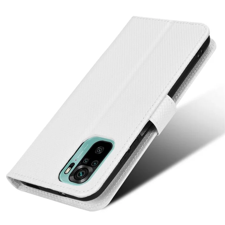 For Xiaomi Poco M5s 4G / Redmi Note 10 4G / Redmi Note 10S 4G Diamond Texture Phone Case PU Leather Cover with Wallet Stand - White