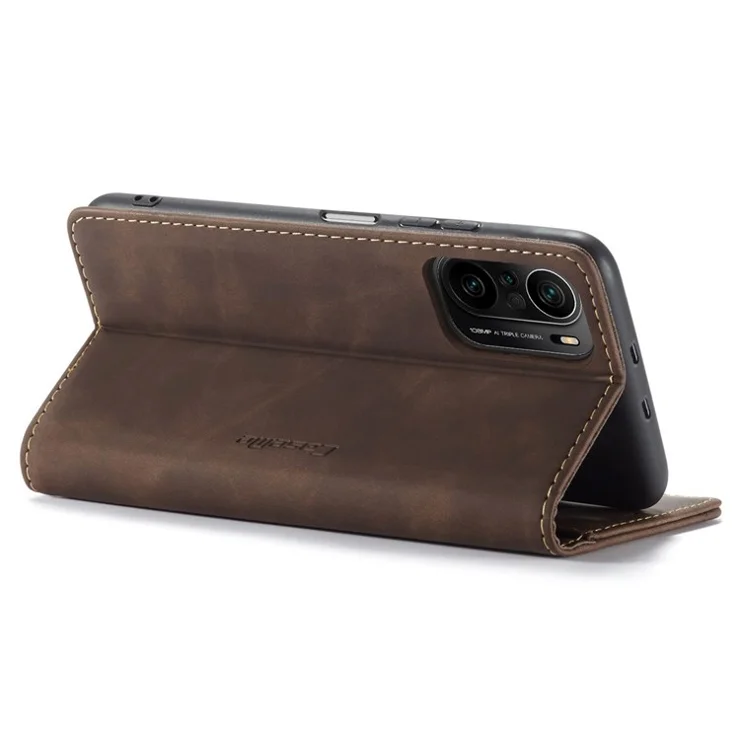 CASEME 013 Series Phone Case Bag for Xiaomi Redmi K40 Pro/Redmi K40/Poco F3/Mi 11i, Magnetic Auto-absorbed PU Leather Wallet Foldable Stand Phone Cover - Coffee