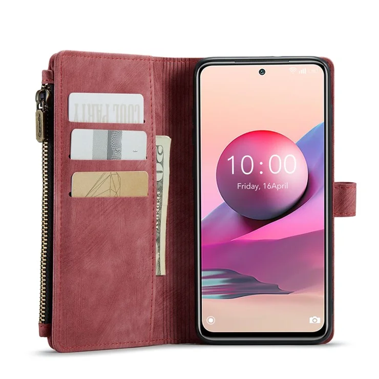 For Xiaomi Poco M5s 4G / Redmi Note 10 4G / Redmi Note 10S 4G Phone Cases with Strap CASEME C30 Zipper Multiple Card Holder PU Leather Cover - Red