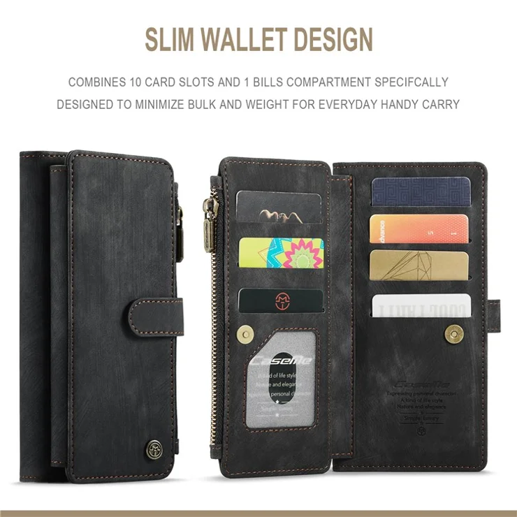 For Xiaomi Poco M5s 4G / Redmi Note 10 4G / Redmi Note 10S 4G Phone Cases with Strap CASEME C30 Zipper Multiple Card Holder PU Leather Cover - Black