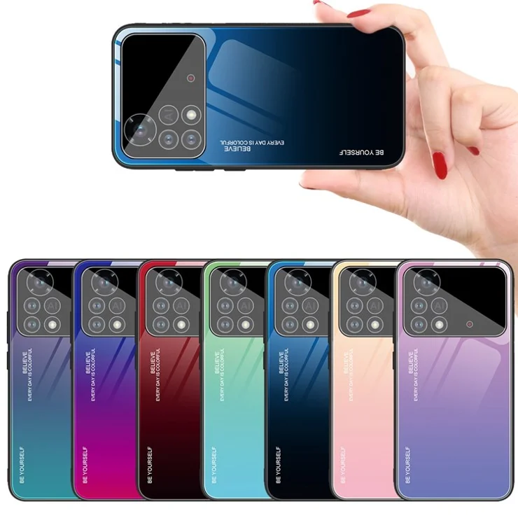 For Xiaomi Poco X4 Pro 5G Shockproof Protective Shell, Gradient Color Tempered Glass Back + Soft TPU Edge Phone Case - Purple/Blue