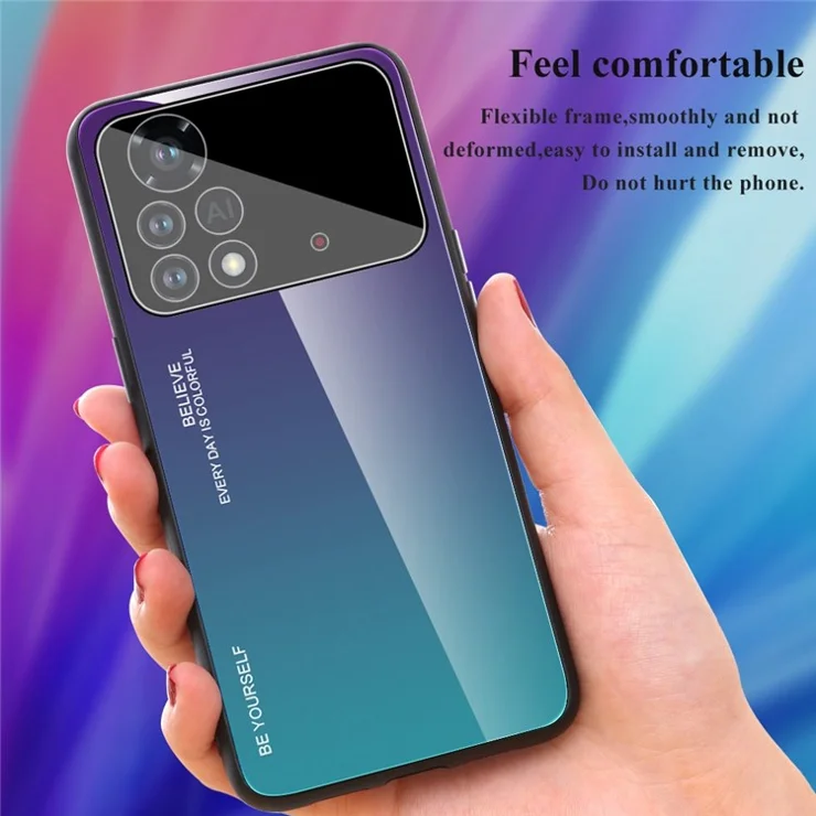 For Xiaomi Poco X4 Pro 5G Shockproof Protective Shell, Gradient Color Tempered Glass Back + Soft TPU Edge Phone Case - Red/Black