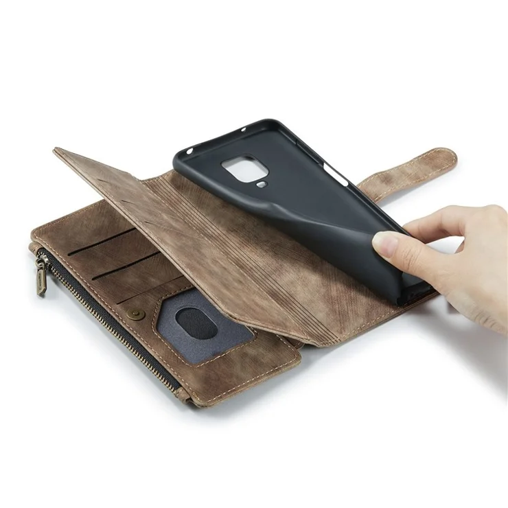 For Xiaomi Redmi Note 9 Pro / Note 9 Pro Max / Note 9S Phone Cases with Strap CASEME C30 Zipper Multiple Card Holder PU Leather Cover - Brown
