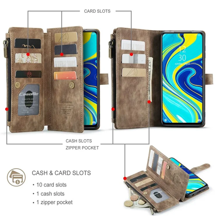 For Xiaomi Redmi Note 9 Pro / Note 9 Pro Max / Note 9S Phone Cases with Strap CASEME C30 Zipper Multiple Card Holder PU Leather Cover - Brown