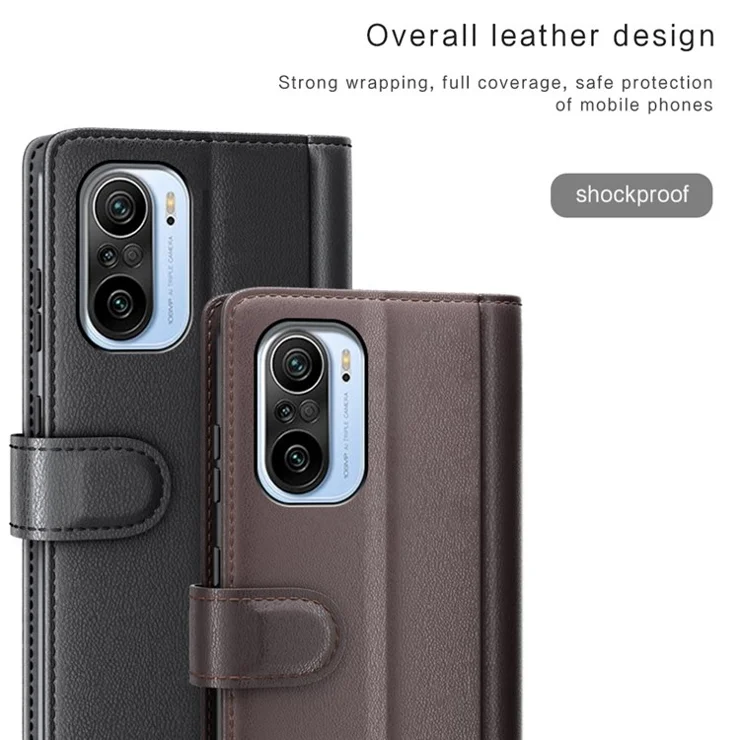 For Xiaomi Mi 11i/Poco F3/Redmi K40/Redmi K40 Pro/Redmi K40 Pro+ Split Genuine Leather Book Wallet Flip Case Full Protection Folio Stand View Cover Protector - Brown