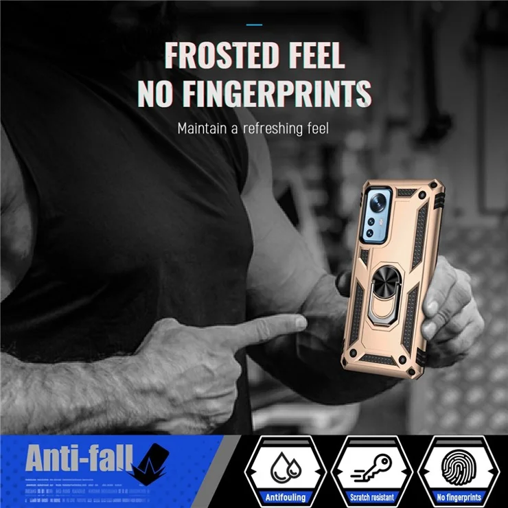 For Xiaomi 12/12X/12S 5G Phone Case, Anti-scratch Hard PC Soft TPU Protective Cover with Rotatable Ring Kickstand - Gold