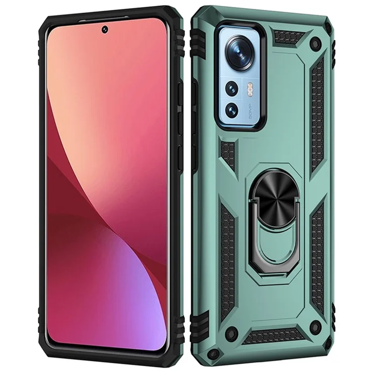 For Xiaomi 12/12X/12S 5G Phone Case, Anti-scratch Hard PC Soft TPU Protective Cover with Rotatable Ring Kickstand - Blackish Green