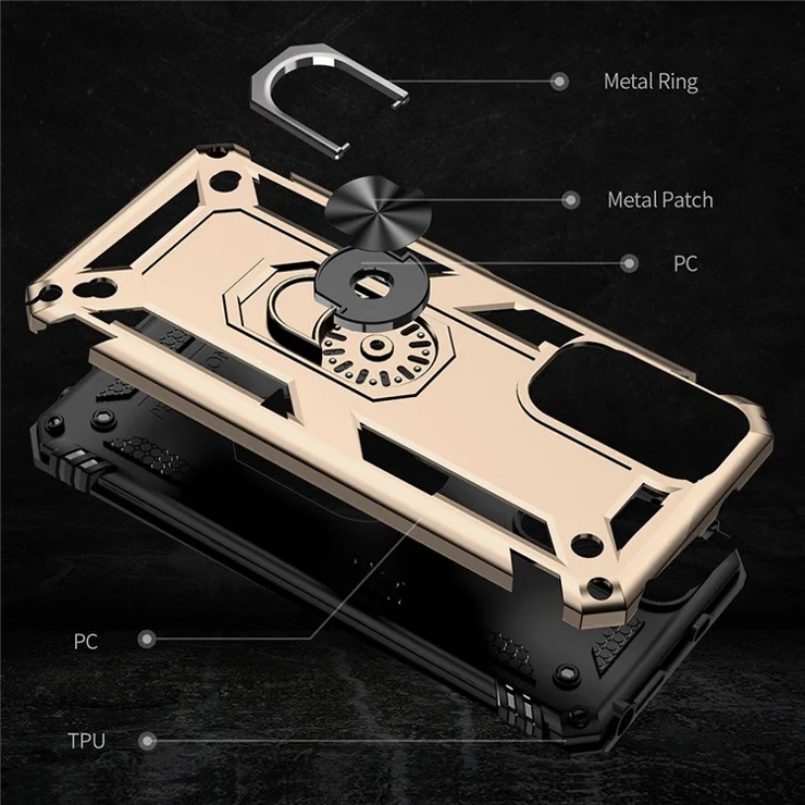 For Xiaomi Redmi Note 11S 4G/Note 11 4G (Qualcomm) Phone Case Anti-Scratch Shockproof Hard PC Soft TPU Protective Cover with Rotatable Ring Kickstand - Gold